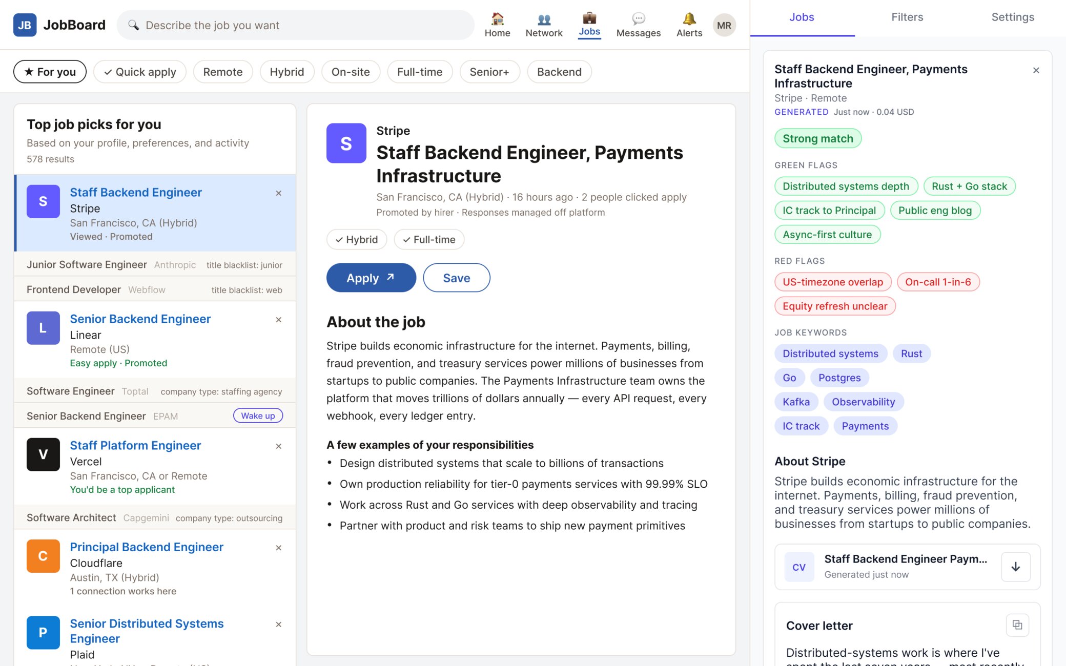 AI Job Copilot store screenshot showing filtering reasons, job analysis and a generated CV beside a job listing