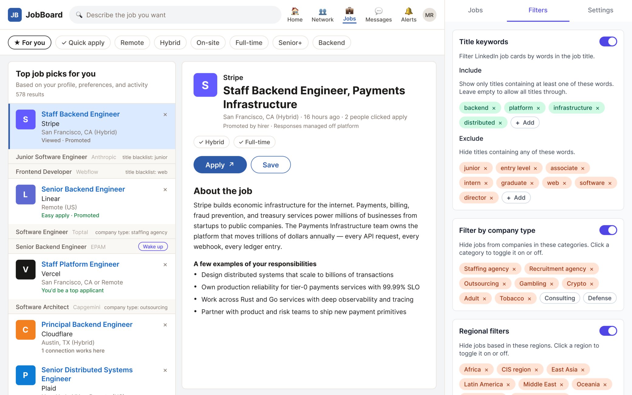 AI Job Copilot filtering view on LinkedIn: the jobs feed with collapsed cards and filter controls in the side panel.