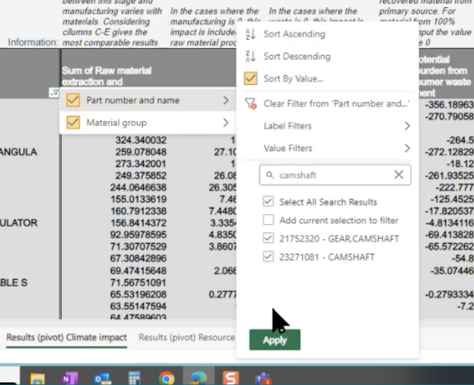 Original Excel capture from the System level dashboard section of the research map: an engineer searches a part-number filter to find climate-impact data.