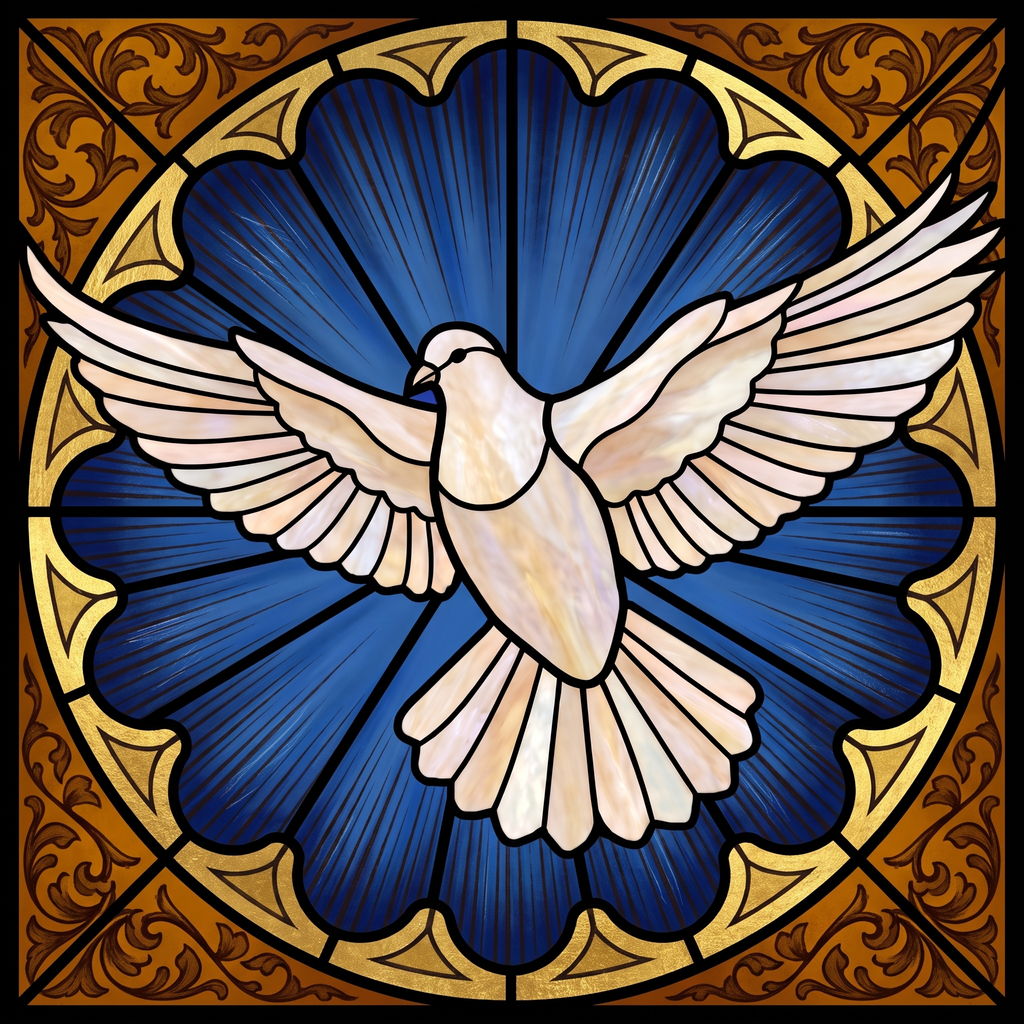 Final Dar app icon combining a pearlescent dove, a blue rose window and gold ornament