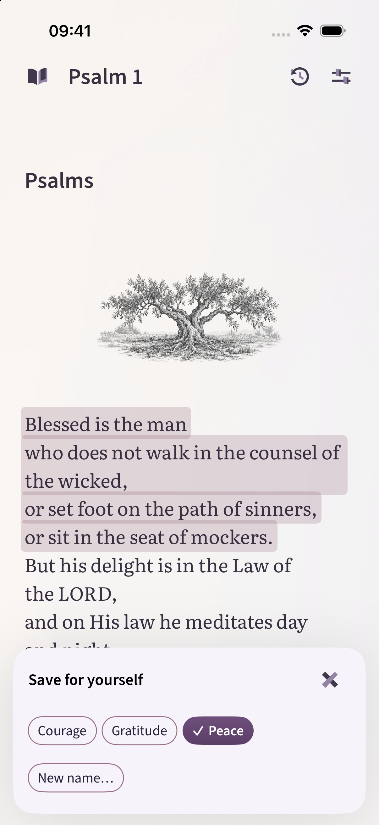 Psalm 1 with highlighted text and personal tags: Courage, Gratitude and Peace.