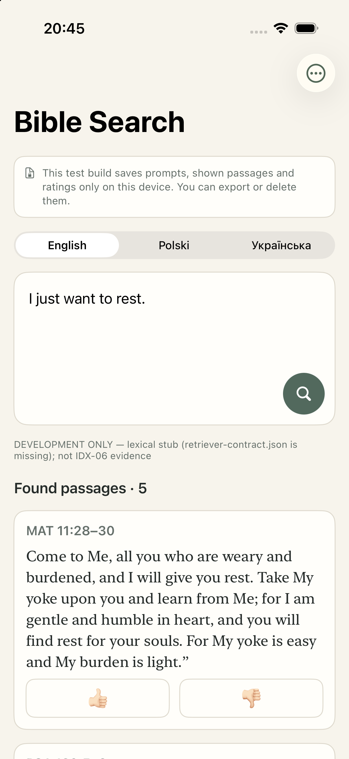 Recovered Bible Search prototype with an English query, Matthew 11:28–30 and passage rating controls.