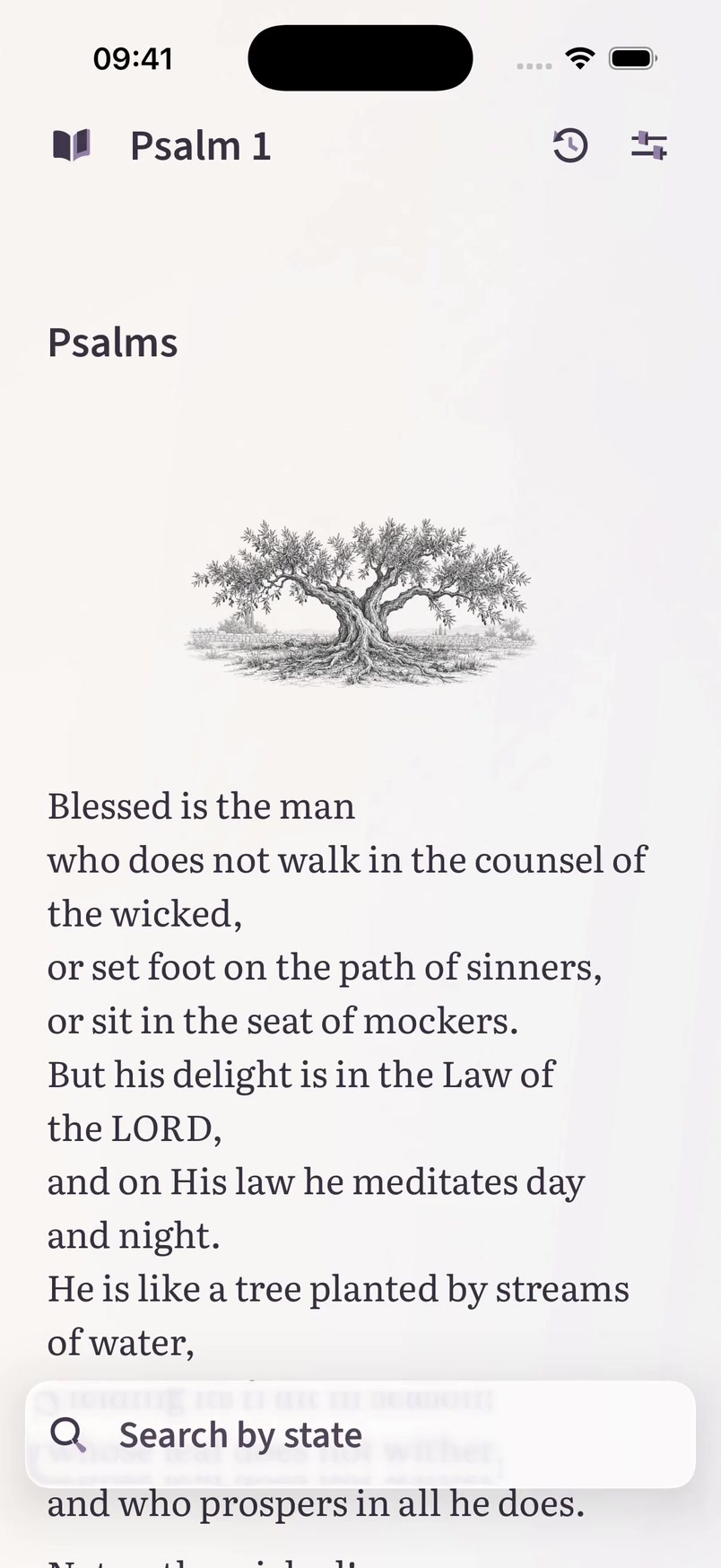 Dar Bible reader showing Psalm 1, a tree engraving and search in your own words