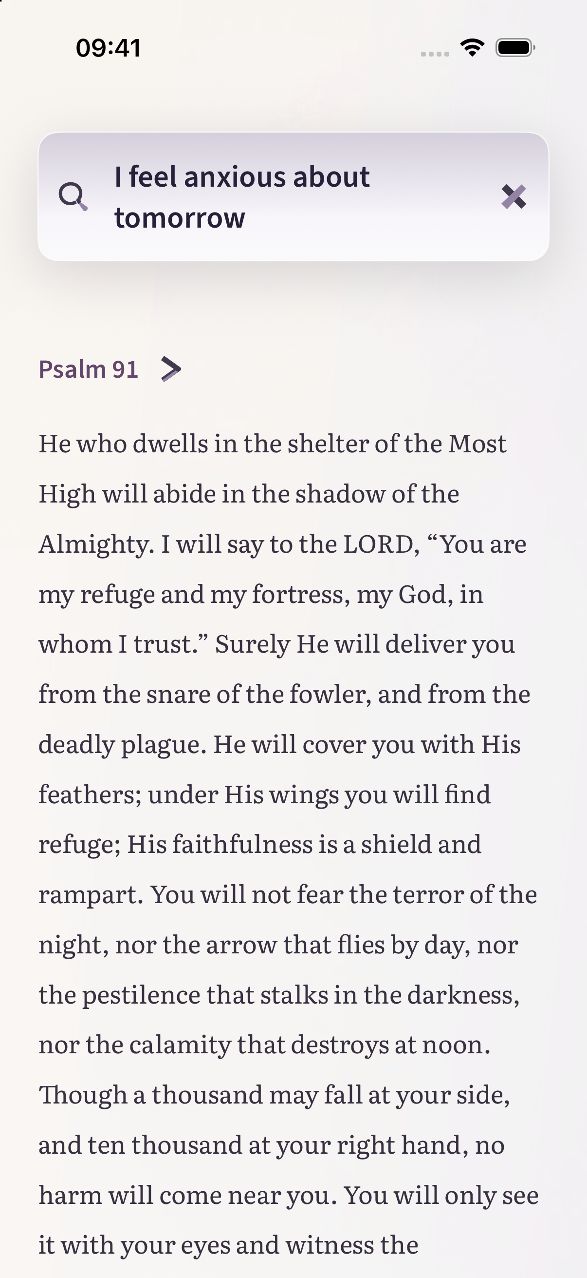 Native light results screen with a sample query and the beginning of Psalm 91.