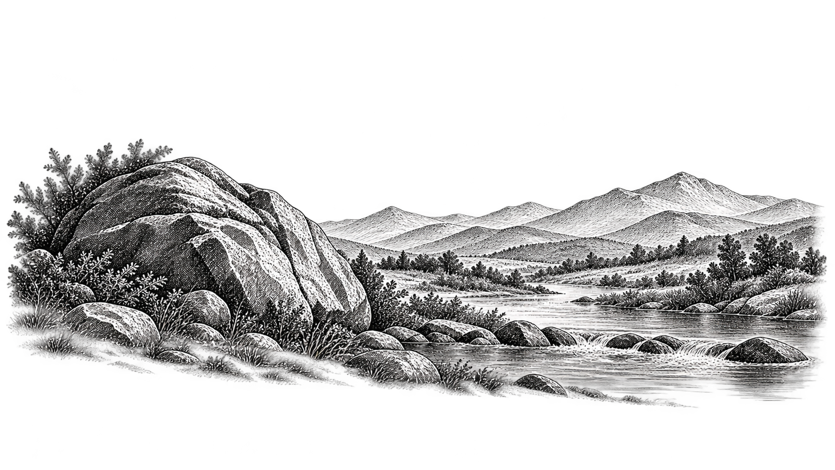 Original whole-composition engraving for Psalm 46: a rocky river landscape