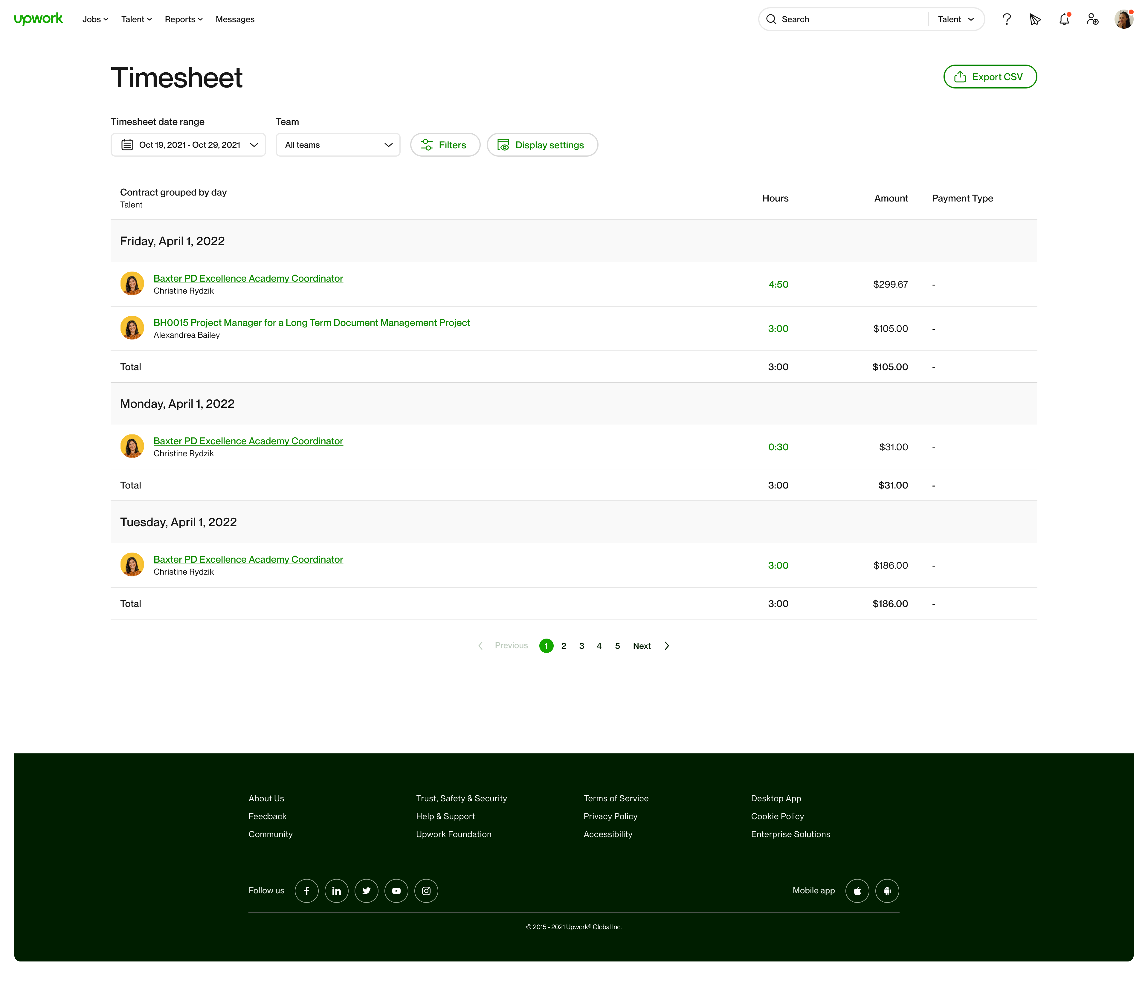 Timesheet report, after consolidation: page title top-left, Export CSV top-right, date range and team filters, contract grouped by day with hours and amount columns.