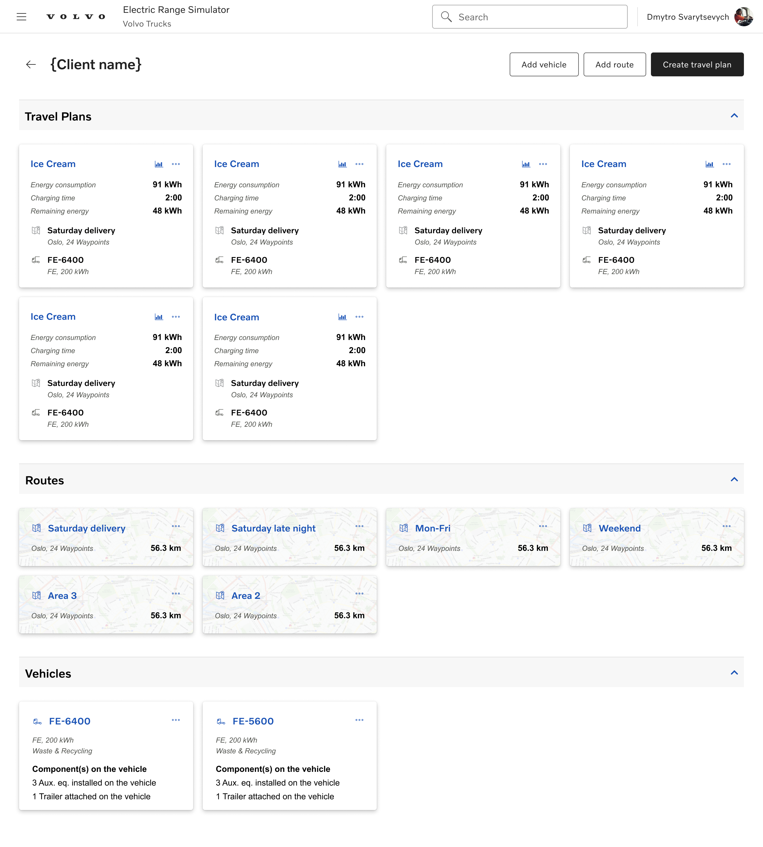 Final design of the Customer Profile page, with prominent vehicle model cards at the top, a contract details section, and a travel-plan comparison block below.