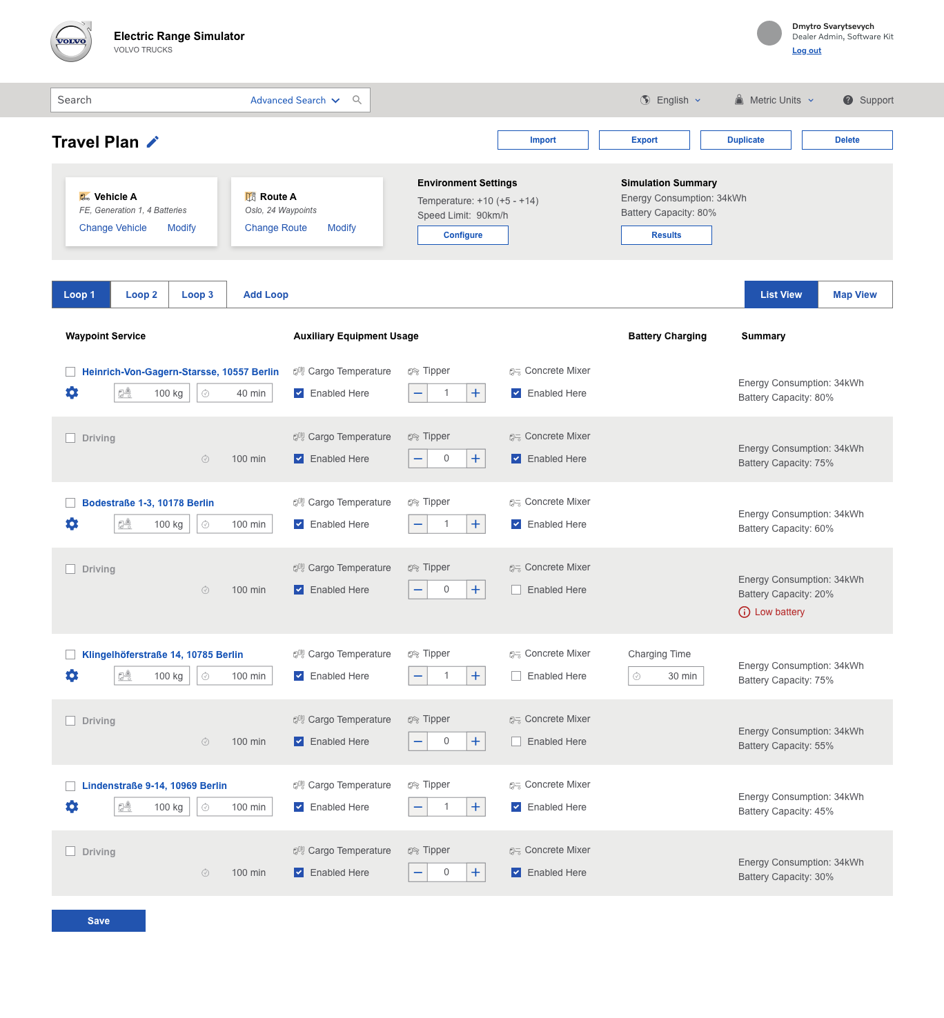 Low-fidelity wireframe of the Travel Plan interface, showing waypoints listed in a spreadsheet-style table with auxiliary equipment, battery charging, and energy summary columns.