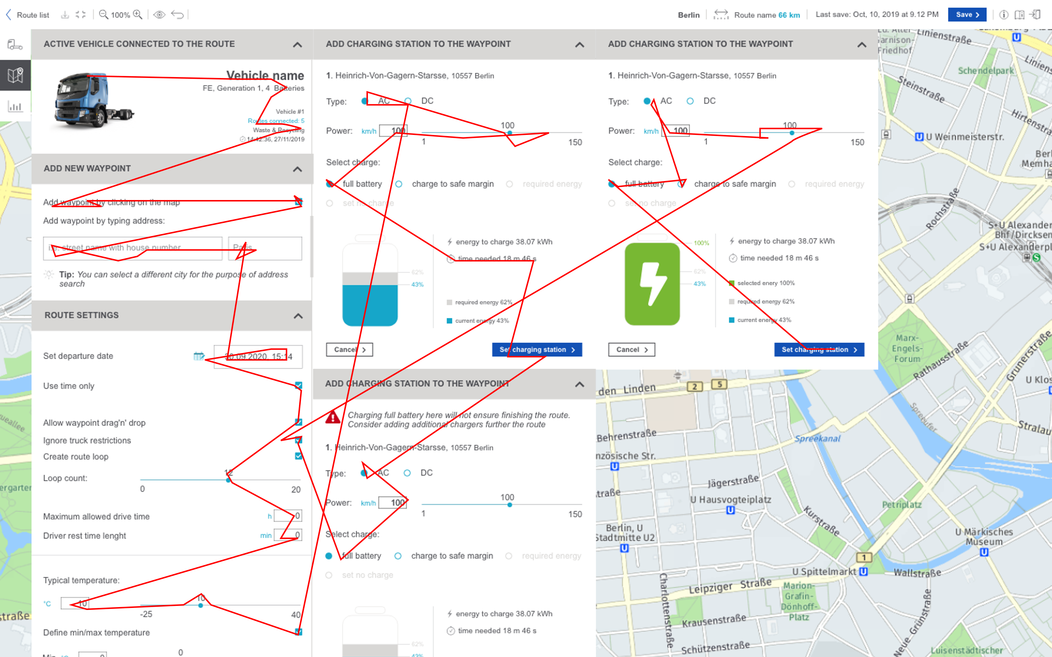 Session recording overlay with a red cursor trail drawn erratically across the legacy ERS interface, visualizing a user's 40-minute struggle to create a simulation.