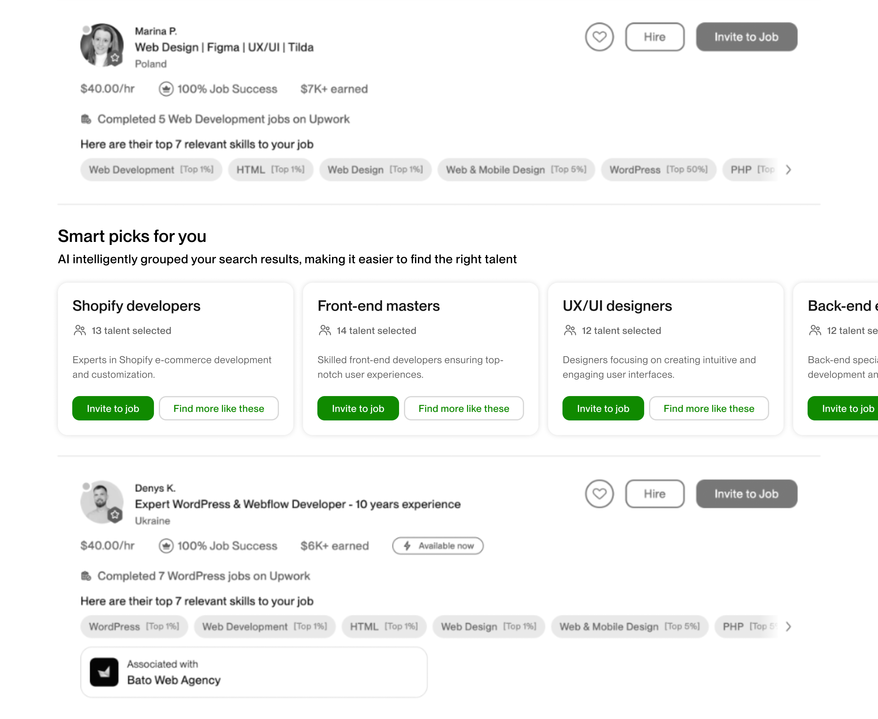 Upwork search prototype with candidate groups and actions for each group.