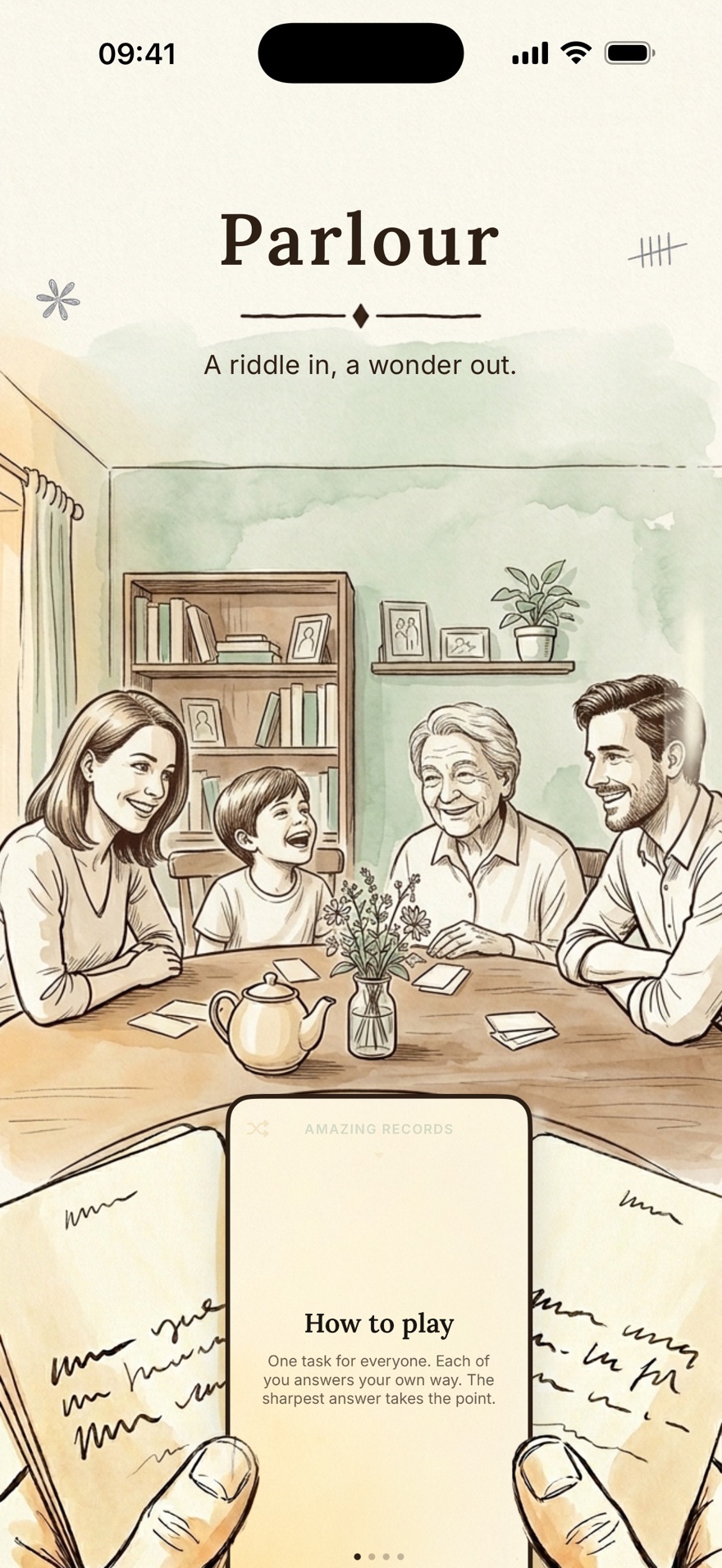 Parlour: the released onboarding screen with the player's hands holding cards at the table