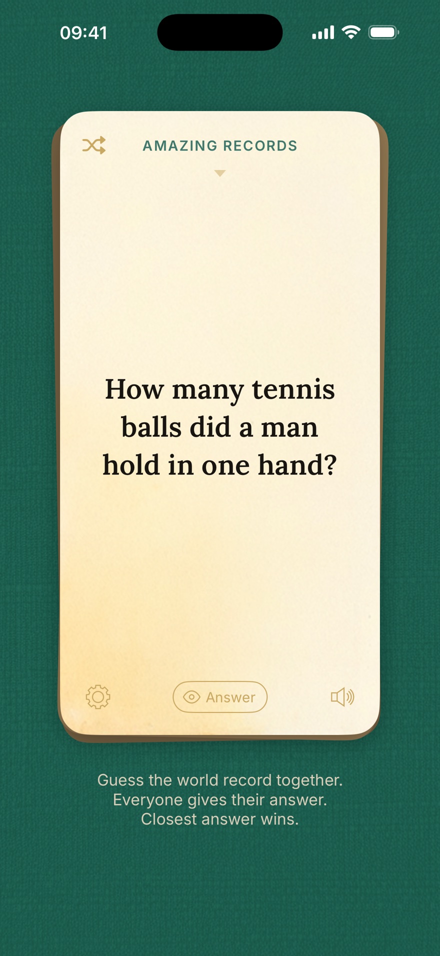 Parlour question screen with a paper card on a green textile surface