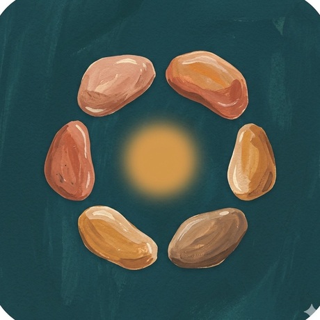 Early icon iteration: six painted seeds circling a warm light.