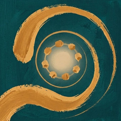 Early icon iteration: a broad ochre brushstroke spiralling in toward a lit ring.