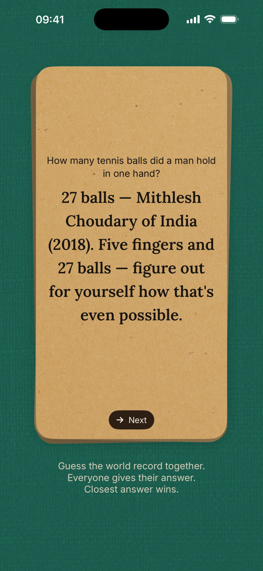 The answer turned over on kraft paper: 27 balls, Mithlesh Choudary of India, 2018, with a Next control.