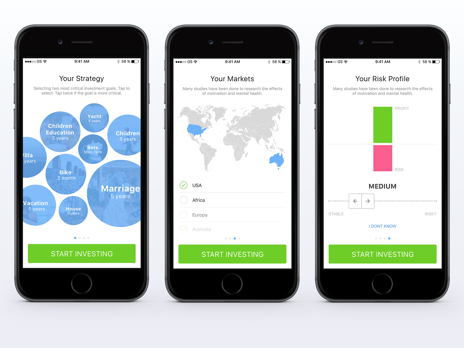 Three iPhones showing the onboarding survey: investment goals as sized photo bubbles like marriage and children's education, a world map with markets to select, and a profit versus risk stepper set to medium with an I don't know link.