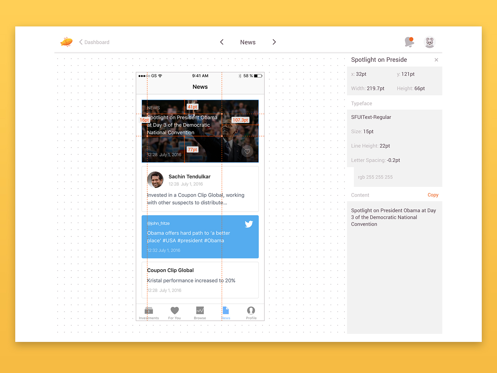 The news screen open in Zeplin with redlines: element coordinates and sizes in points, and a type spec of SF UI Text regular 15 points with 22 point line height.